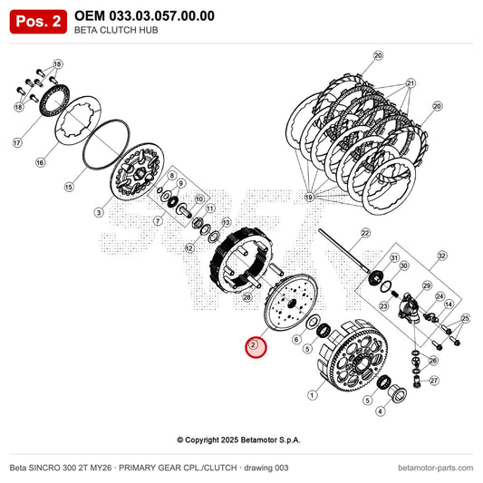 BETA CLUTCH HUB – OEM 033.03.057.00.00, position 2 on the Beta SINCRO 300 2T MY26 primary gear cpl./clutch drawing