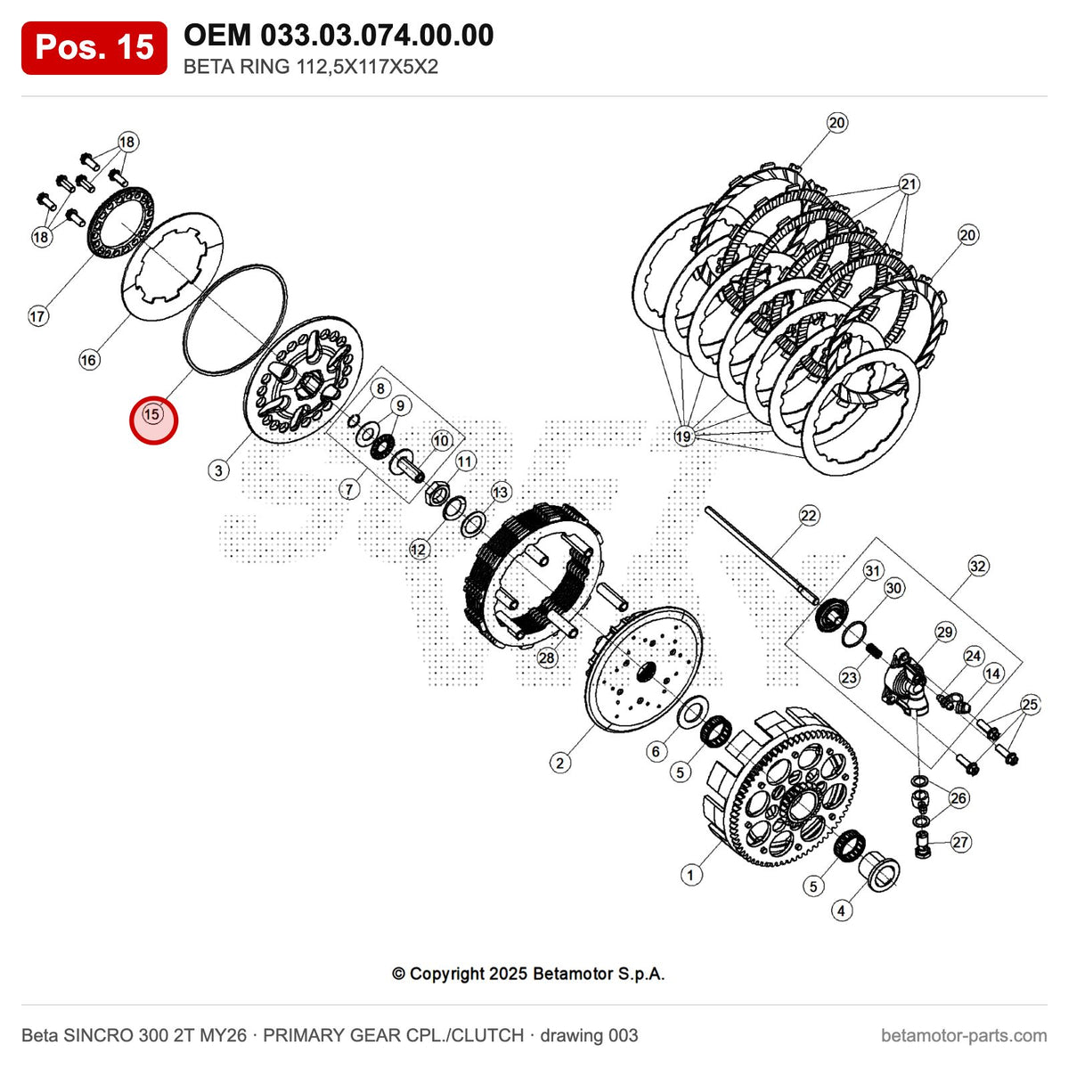 BETA RING 112,5X117X5X2 – OEM 033.03.074.00.00, position 15 on the Beta SINCRO 300 2T MY26 primary gear cpl./clutch drawing
