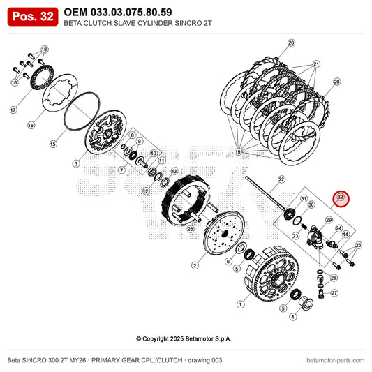 BETA CLUTCH SLAVE CYLINDER SINCRO 2T – OEM 033.03.075.80.59, position 32 on the Beta SINCRO 300 2T MY26 primary gear cpl./clutch drawing