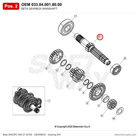 BETA GEARBOX MAINSHAFT – OEM 033.04.001.80.00, position 2 on the Beta SINCRO 300 2T MY26 gearbox drawing