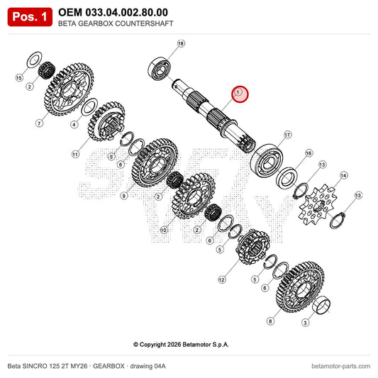 BETA GEARBOX COUNTERSHAFT – OEM 033.04.002.80.00, position 1 on the Beta SINCRO 125 2T MY26 gearbox drawing