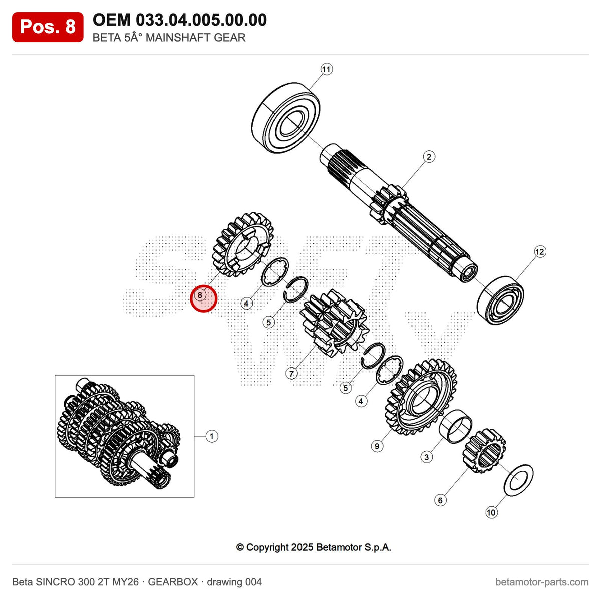 BETA 5° MAINSHAFT GEAR – OEM 033.04.005.00.00, position 8 on the Beta SINCRO 300 2T MY26 gearbox drawing