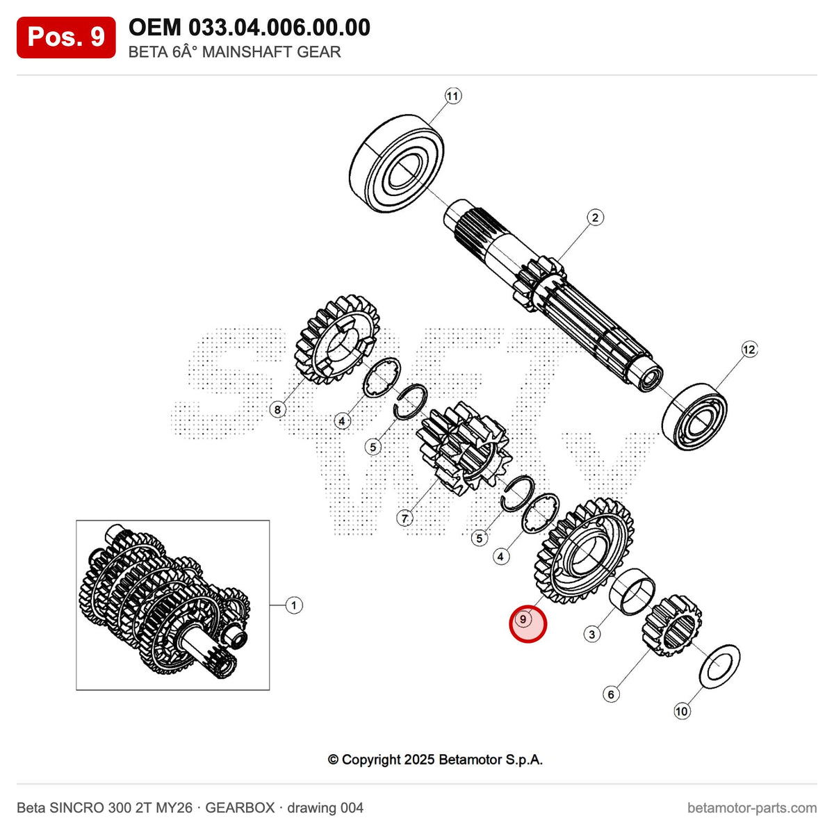 BETA 6° MAINSHAFT GEAR – OEM 033.04.006.00.00, position 9 on the Beta SINCRO 300 2T MY26 gearbox drawing