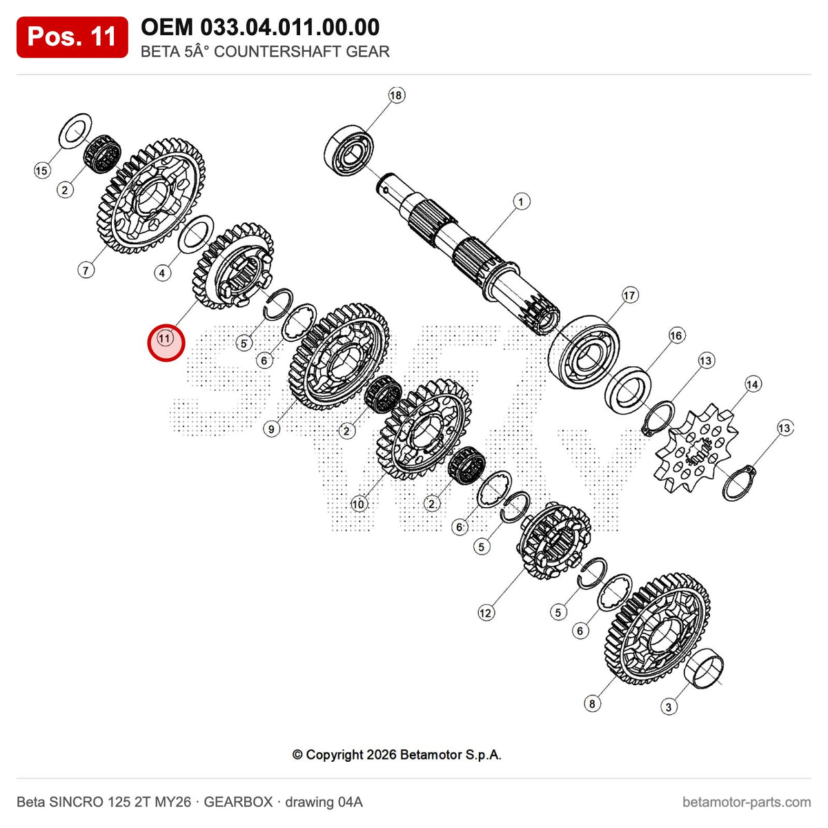 BETA 5° COUNTERSHAFT GEAR – OEM 033.04.011.00.00, position 11 on the Beta SINCRO 125 2T MY26 gearbox drawing