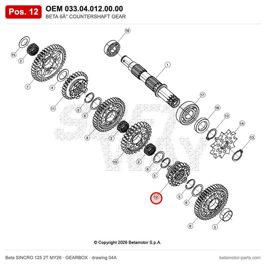 BETA 6° COUNTERSHAFT GEAR – OEM 033.04.012.00.00, position 12 on the Beta SINCRO 125 2T MY26 gearbox drawing