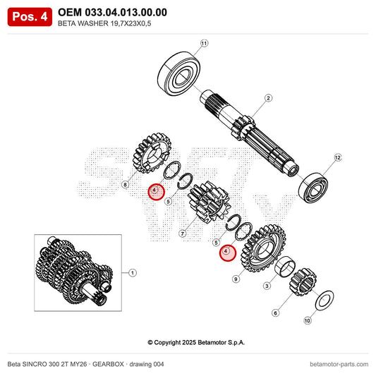 BETA WASHER 19,7X23X0,5 – OEM 033.04.013.00.00, position 4 on the Beta SINCRO 300 2T MY26 gearbox drawing
