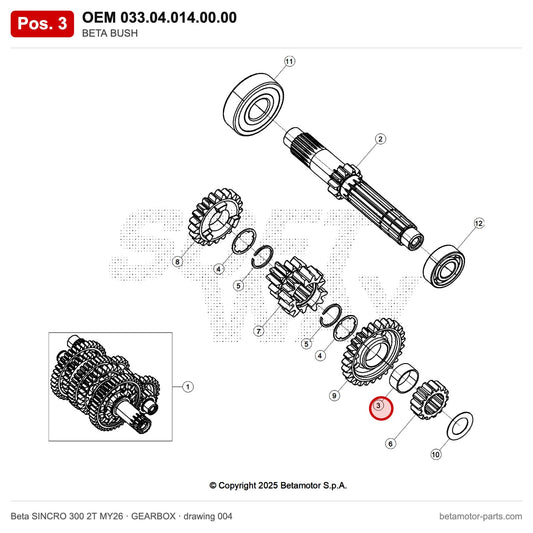 BETA BUSH – OEM 033.04.014.00.00, position 3 on the Beta SINCRO 300 2T MY26 gearbox drawing