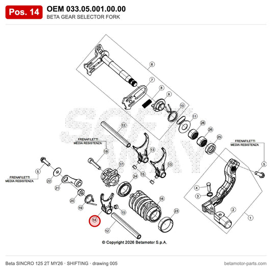 BETA GEAR SELECTOR FORK – OEM 033.05.001.00.00, position 14 on the Beta SINCRO 125 2T MY26 shifting drawing
