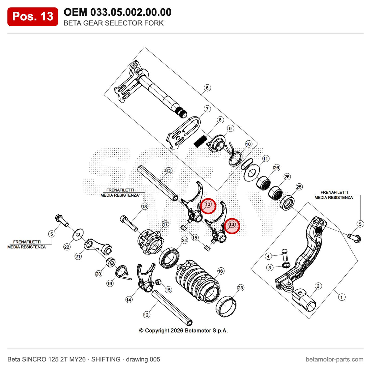 BETA GEAR SELECTOR FORK – OEM 033.05.002.00.00, position 13 on the Beta SINCRO 125 2T MY26 shifting drawing