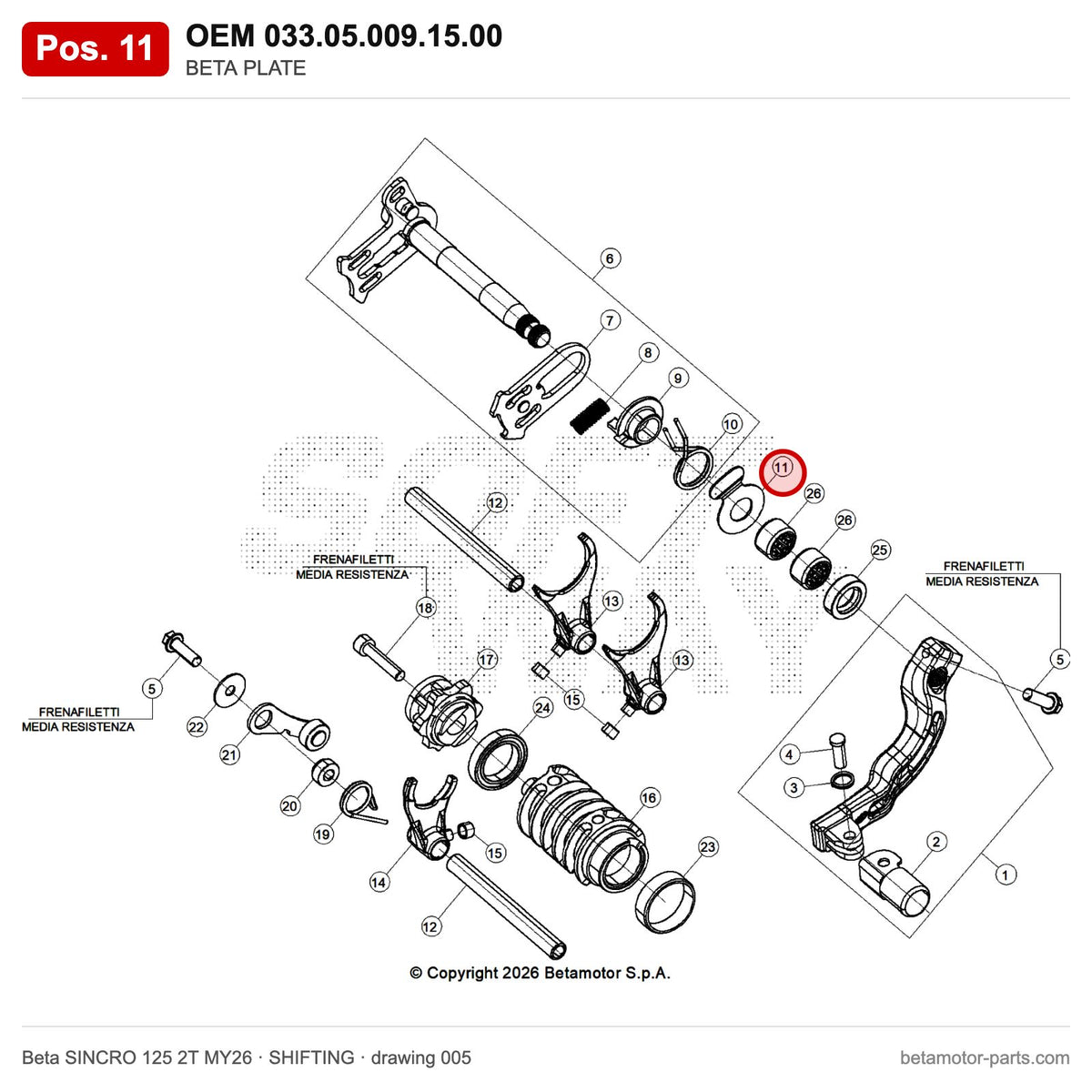 BETA PLATE – OEM 033.05.009.15.00, position 11 on the Beta SINCRO 125 2T MY26 shifting drawing