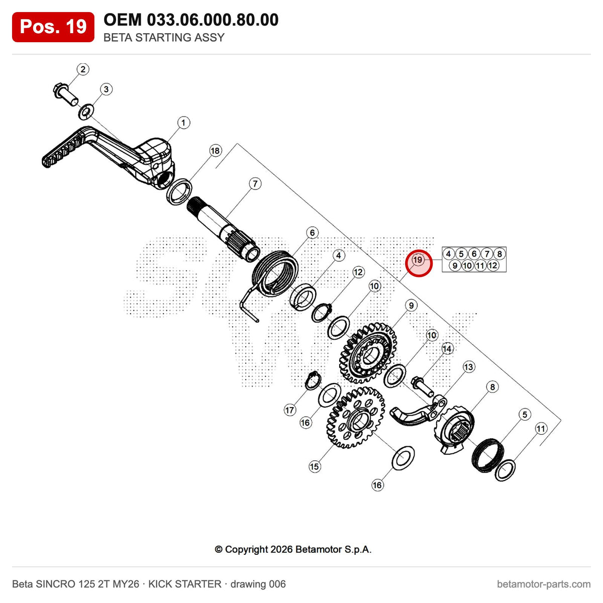 BETA STARTING ASSY – OEM 033.06.000.80.00, position 19 on the Beta SINCRO 125 2T MY26 kick starter drawing