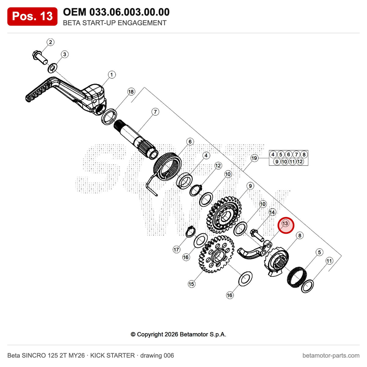 BETA START-UP ENGAGEMENT – OEM 033.06.003.00.00, position 13 on the Beta SINCRO 125 2T MY26 kick starter drawing