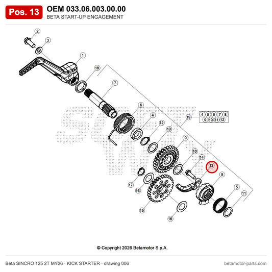 BETA START-UP ENGAGEMENT – OEM 033.06.003.00.00, position 13 on the Beta SINCRO 125 2T MY26 kick starter drawing
