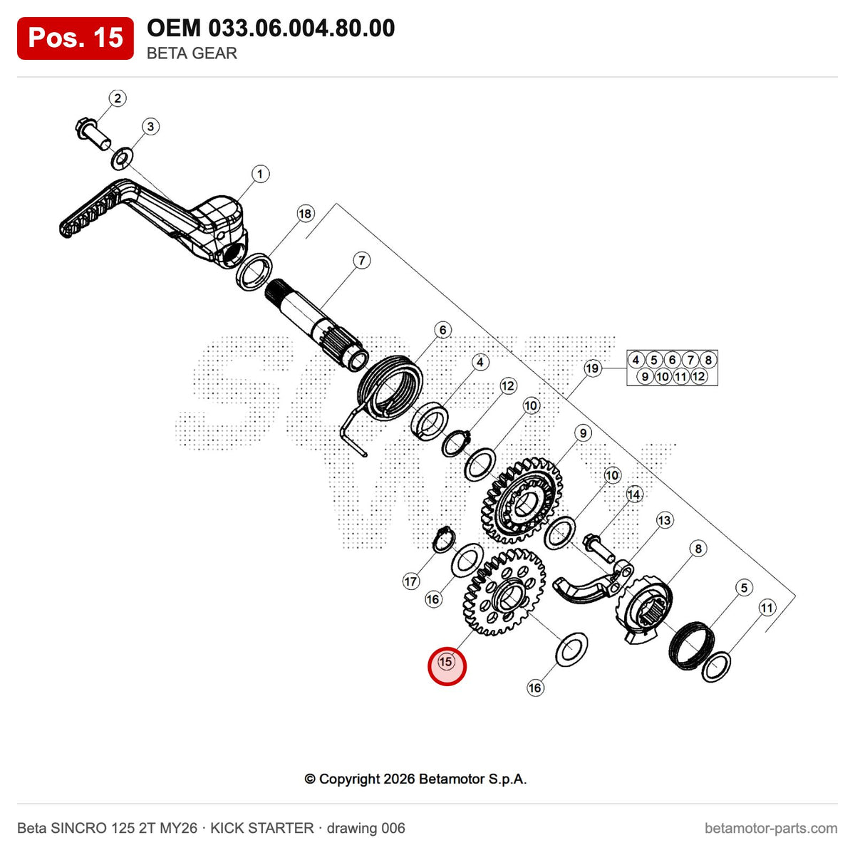 BETA GEAR – OEM 033.06.004.80.00, position 15 on the Beta SINCRO 125 2T MY26 kick starter drawing