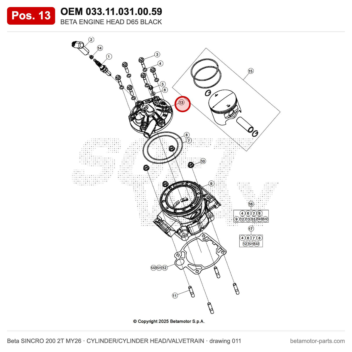 BETA ENGINE HEAD D65 BLACK – OEM 033.11.031.00.59, position 13 on the Beta SINCRO 200 2T MY26 cylinder/cylinder head/valvetrain drawing