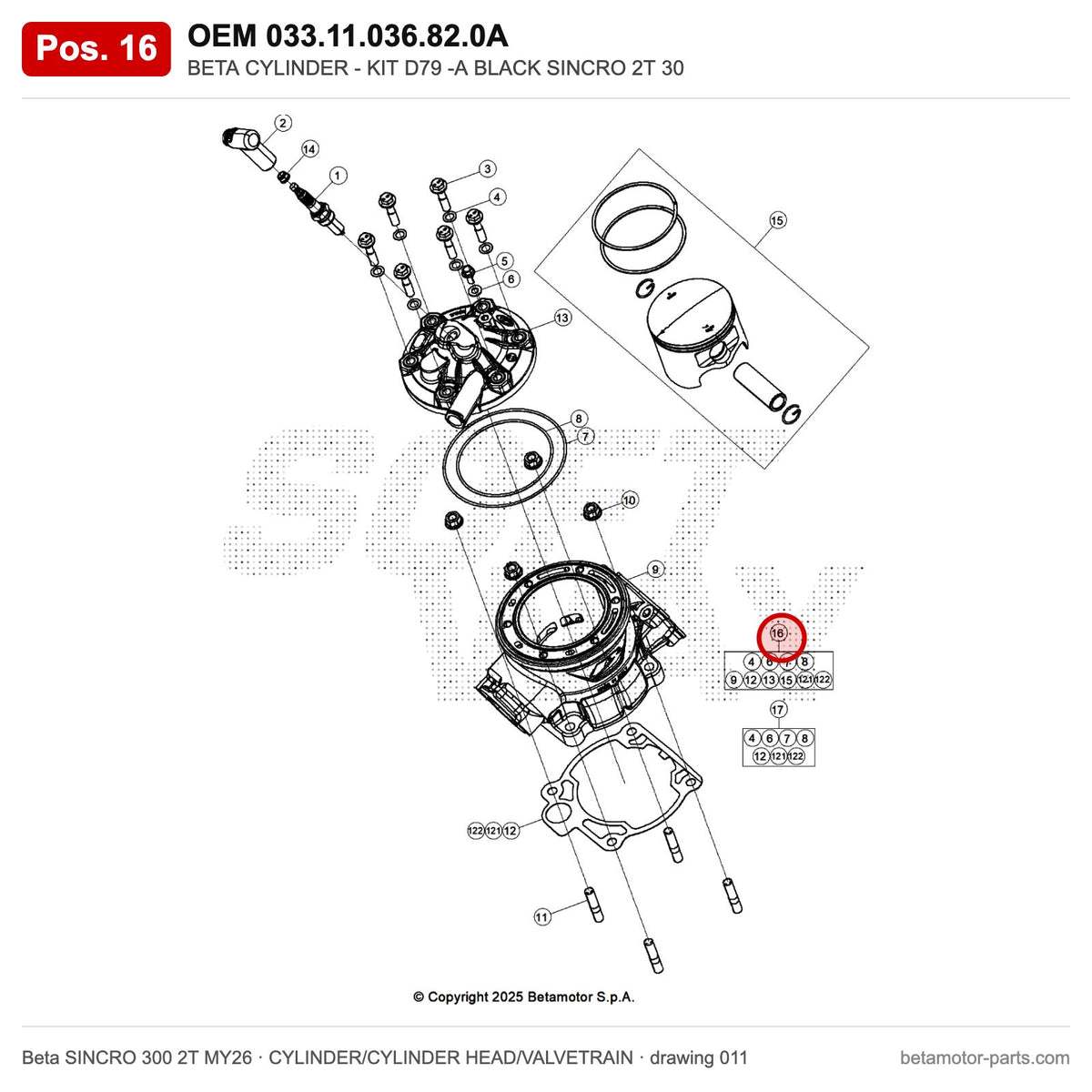 BETA CYLINDER - KIT D79 -A BLACK SINCRO 2T 30 – OEM 033.11.036.82.0A, position 16 on the Beta SINCRO 300 2T MY26 cylinder/cylinder head/valvetrain drawing