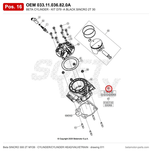 BETA CYLINDER - KIT D79 -A BLACK SINCRO 2T 30 – OEM 033.11.036.82.0A, position 16 on the Beta SINCRO 300 2T MY26 cylinder/cylinder head/valvetrain drawing