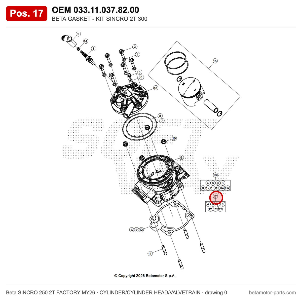 BETA GASKET - KIT SINCRO 2T 300 – OEM 033.11.037.82.00, position 17 on the Beta SINCRO 250 2T FACTORY MY26 cylinder/cylinder head/valvetrain drawing