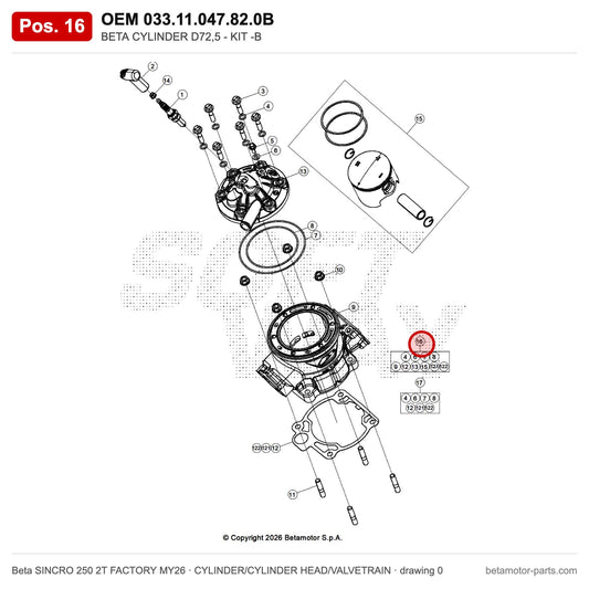 BETA CYLINDER D72,5 - KIT -B – OEM 033.11.047.82.0B, position 16 on the Beta SINCRO 250 2T FACTORY MY26 cylinder/cylinder head/valvetrain drawing