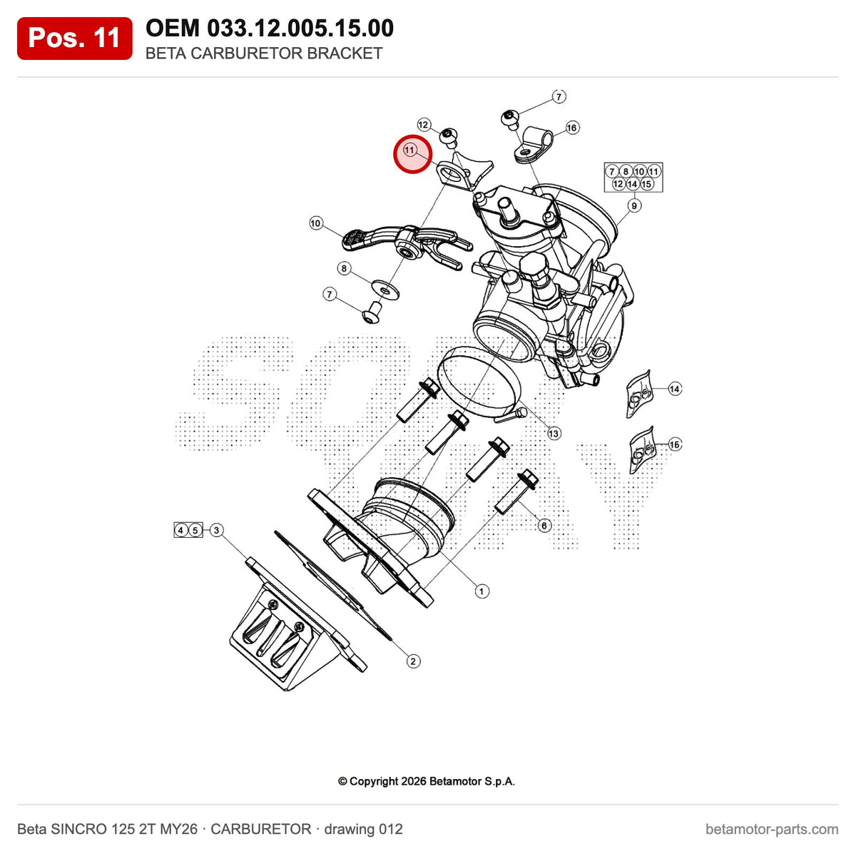BETA CARBURETOR BRACKET – OEM 033.12.005.15.00, position 11 on the Beta SINCRO 125 2T MY26 carburetor drawing