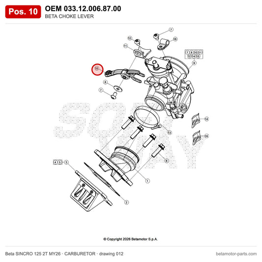 BETA CHOKE LEVER – OEM 033.12.006.87.00, position 10 on the Beta SINCRO 125 2T MY26 carburetor drawing