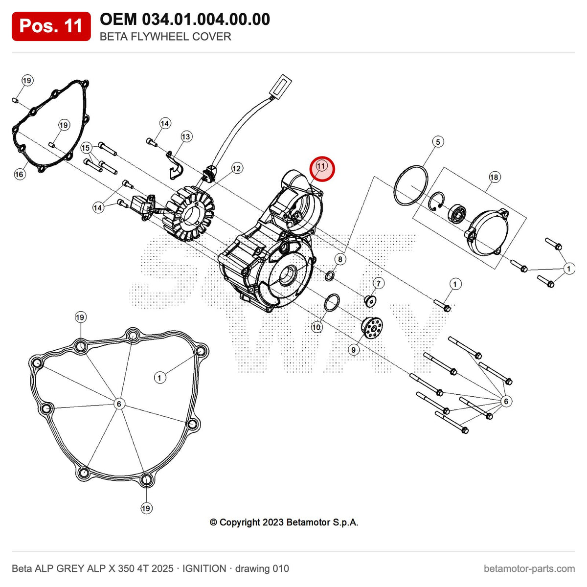 BETA FLYWHEEL COVER – OEM 034.01.004.00.00, position 11 on the Beta ALP GREY ALP X 350 4T 2025 ignition drawing