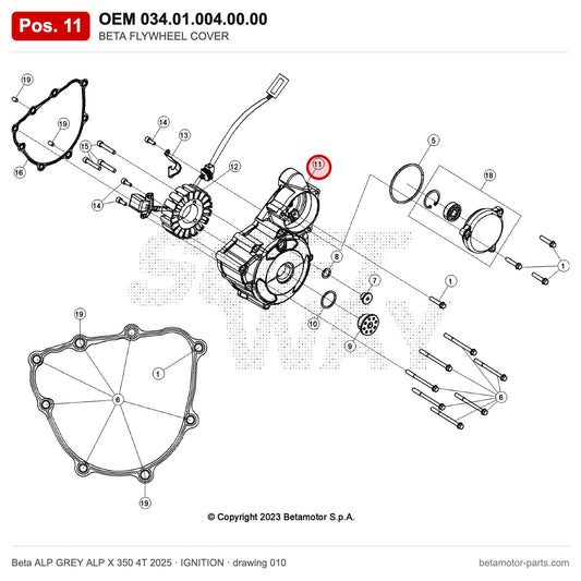 BETA FLYWHEEL COVER – OEM 034.01.004.00.00, position 11 on the Beta ALP GREY ALP X 350 4T 2025 ignition drawing
