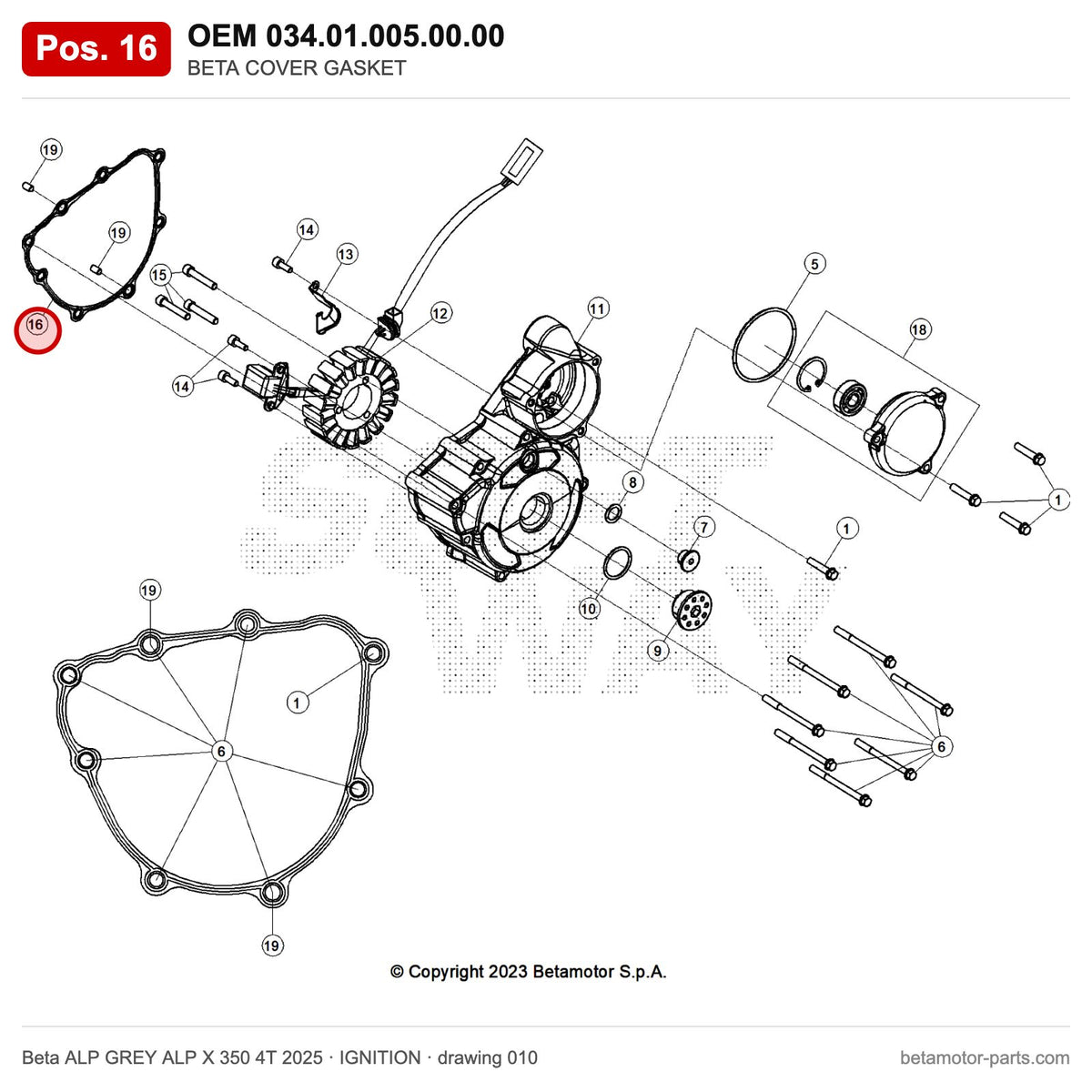 BETA COVER GASKET – OEM 034.01.005.00.00, position 16 on the Beta ALP GREY ALP X 350 4T 2025 ignition drawing