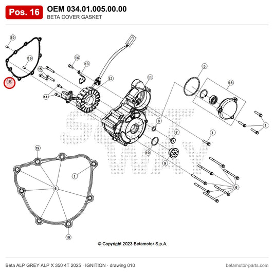 BETA COVER GASKET – OEM 034.01.005.00.00, position 16 on the Beta ALP GREY ALP X 350 4T 2025 ignition drawing
