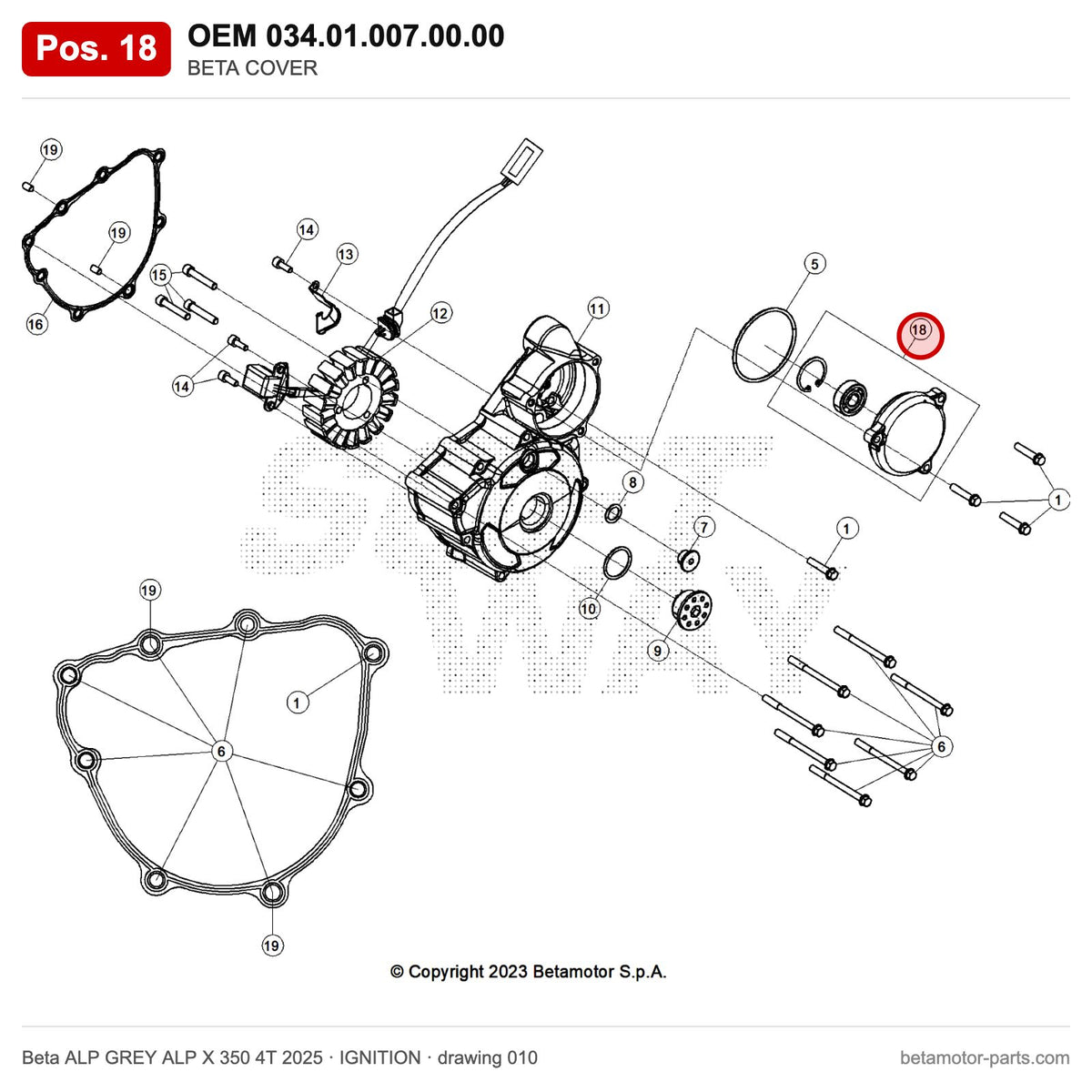 BETA COVER – OEM 034.01.007.00.00, position 18 on the Beta ALP GREY ALP X 350 4T 2025 ignition drawing