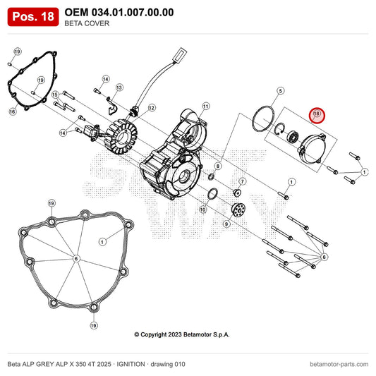 BETA COVER – OEM 034.01.007.00.00, position 18 on the Beta ALP GREY ALP X 350 4T 2025 ignition drawing