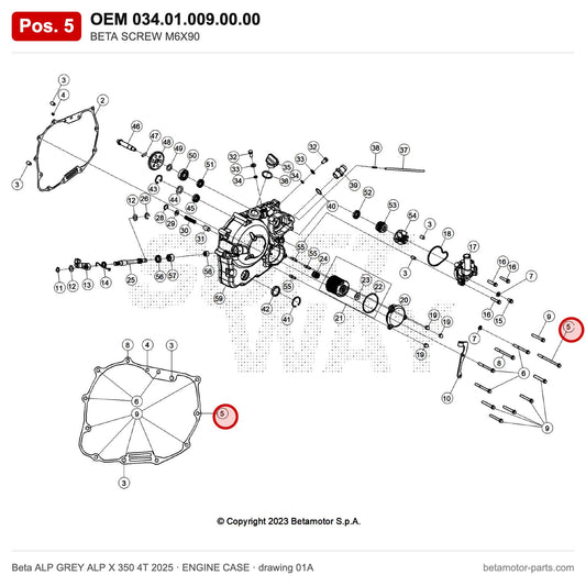 BETA SCREW M6X90 – OEM 034.01.009.00.00, position 5 on the Beta ALP GREY ALP X 350 4T 2025 engine case drawing