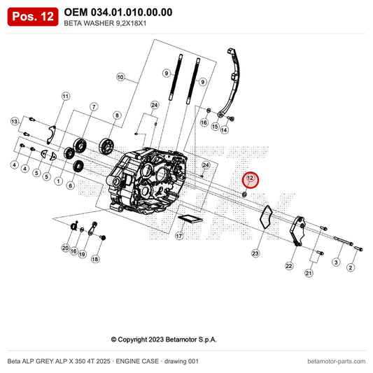 BETA WASHER 9,2X18X1 – OEM 034.01.010.00.00, position 12 on the Beta ALP GREY ALP X 350 4T 2025 engine case drawing