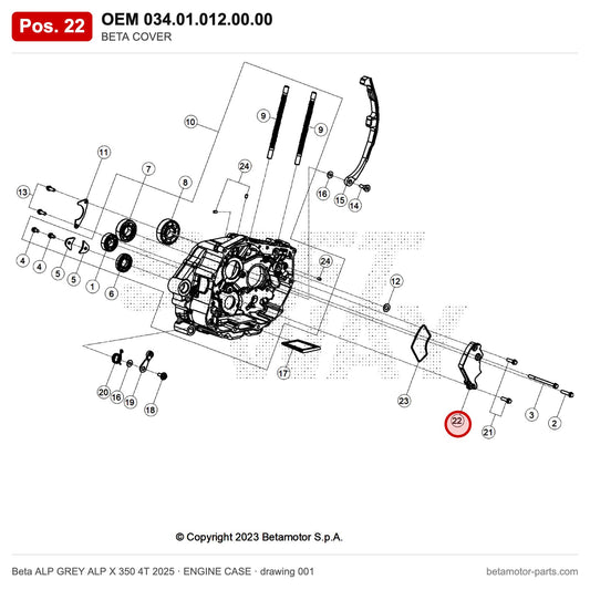 BETA COVER – OEM 034.01.012.00.00, position 22 on the Beta ALP GREY ALP X 350 4T 2025 engine case drawing