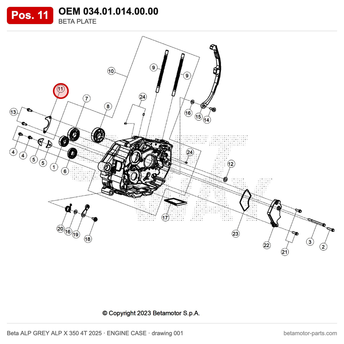 BETA PLATE – OEM 034.01.014.00.00, position 11 on the Beta ALP GREY ALP X 350 4T 2025 engine case drawing