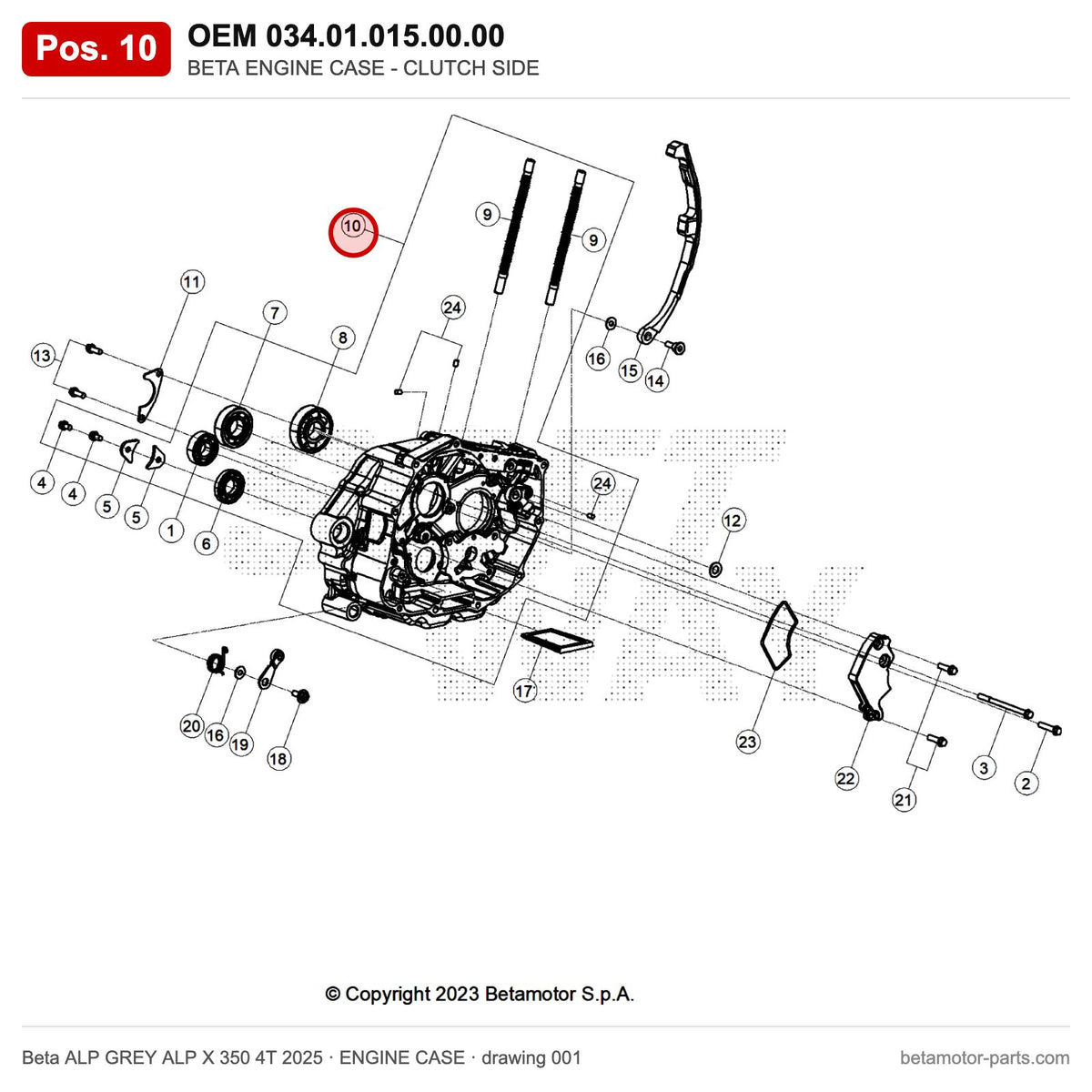 BETA ENGINE CASE - CLUTCH SIDE – OEM 034.01.015.00.00, position 10 on the Beta ALP GREY ALP X 350 4T 2025 engine case drawing