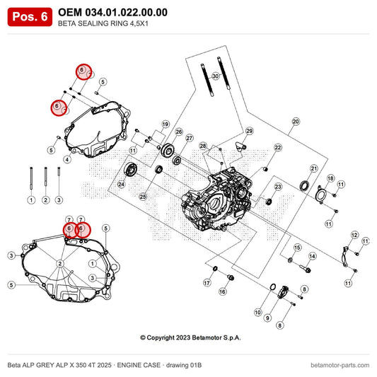 BETA SEALING RING 4,5X1 – OEM 034.01.022.00.00, position 6 on the Beta ALP GREY ALP X 350 4T 2025 engine case drawing