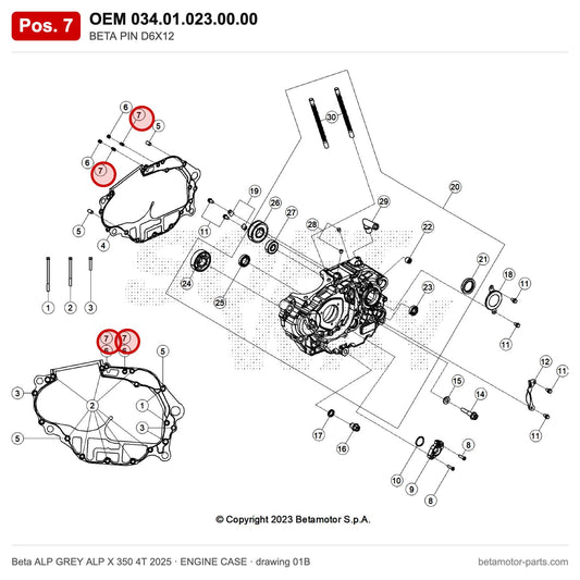 BETA PIN D6X12 – OEM 034.01.023.00.00, position 7 on the Beta ALP GREY ALP X 350 4T 2025 engine case drawing