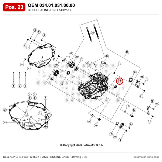BETA SEALING RING 14X25X7 – OEM 034.01.031.00.00, position 23 on the Beta ALP GREY ALP X 350 4T 2025 engine case drawing