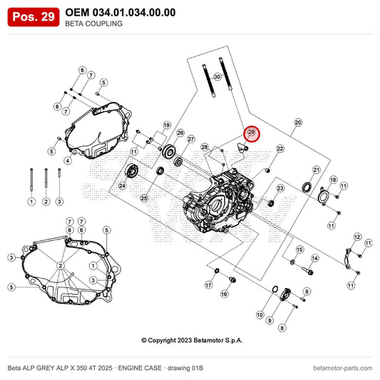 BETA COUPLING – OEM 034.01.034.00.00, position 29 on the Beta ALP GREY ALP X 350 4T 2025 engine case drawing