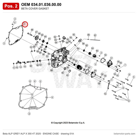BETA COVER GASKET – OEM 034.01.036.00.00, position 2 on the Beta ALP GREY ALP X 350 4T 2025 engine case drawing
