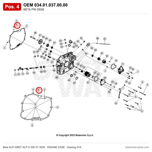 BETA PIN D6X6 – OEM 034.01.037.00.00, position 4 on the Beta ALP GREY ALP X 350 4T 2025 engine case drawing