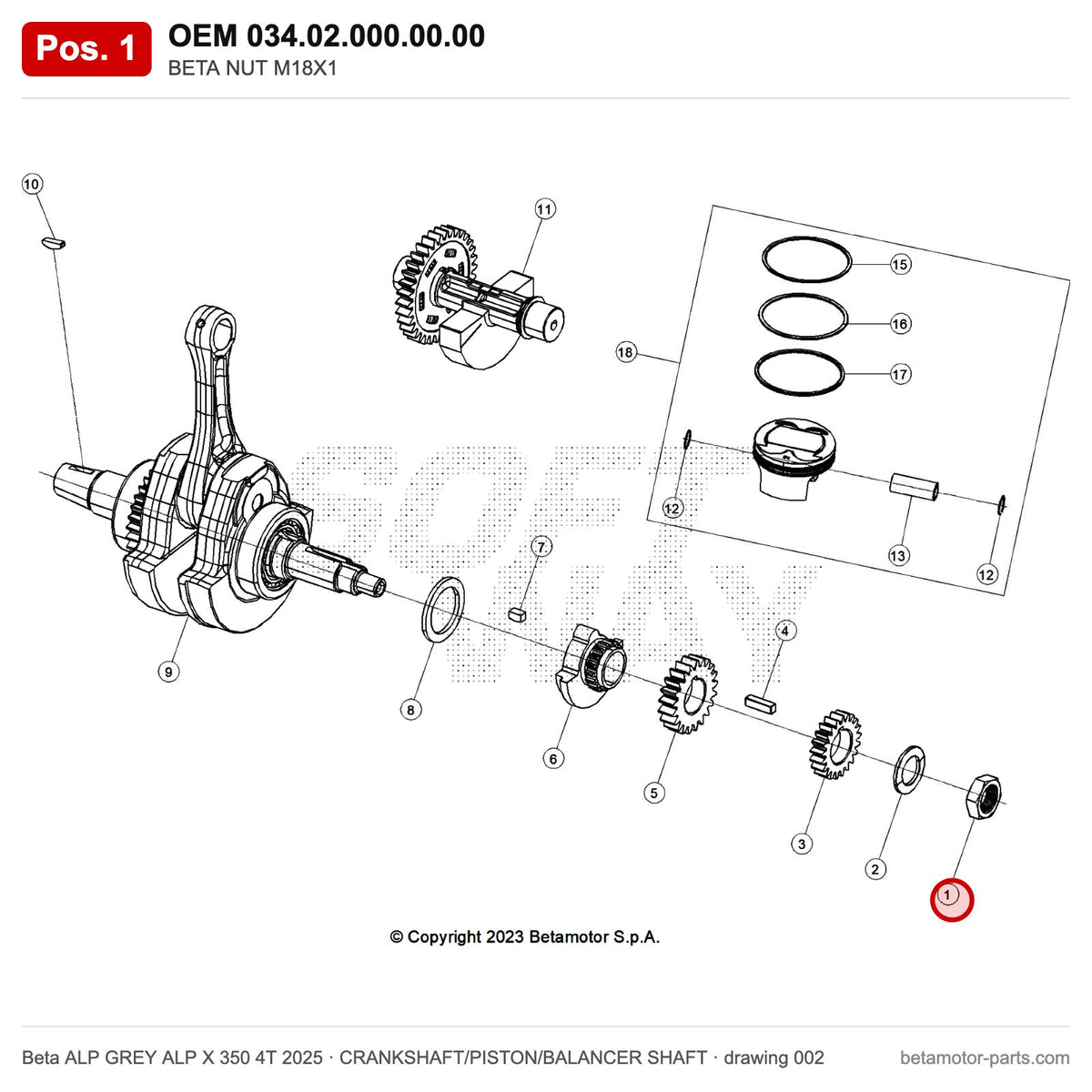 BETA NUT M18X1 – OEM 034.02.000.00.00, position 1 on the Beta ALP GREY ALP X 350 4T 2025 crankshaft/piston/balancer shaft drawing