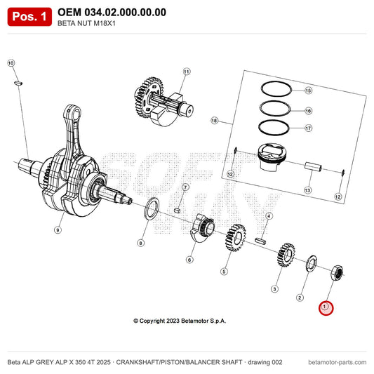 BETA NUT M18X1 – OEM 034.02.000.00.00, position 1 on the Beta ALP GREY ALP X 350 4T 2025 crankshaft/piston/balancer shaft drawing