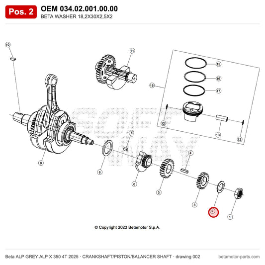 BETA WASHER 18,2X30X2,5X2 – OEM 034.02.001.00.00, position 2 on the Beta ALP GREY ALP X 350 4T 2025 crankshaft/piston/balancer shaft drawing