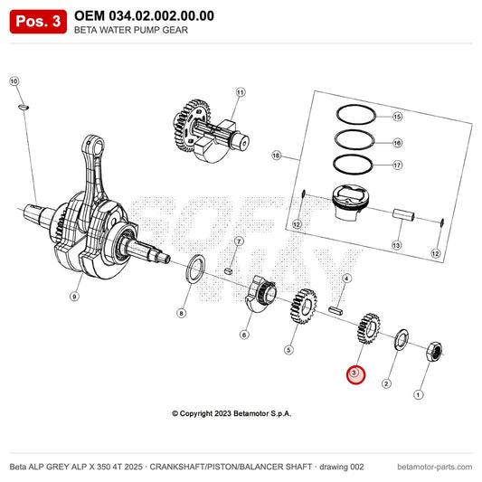 BETA WATER PUMP GEAR – OEM 034.02.002.00.00, position 3 on the Beta ALP GREY ALP X 350 4T 2025 crankshaft/piston/balancer shaft drawing