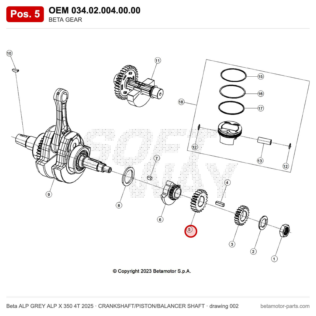 BETA GEAR – OEM 034.02.004.00.00, position 5 on the Beta ALP GREY ALP X 350 4T 2025 crankshaft/piston/balancer shaft drawing