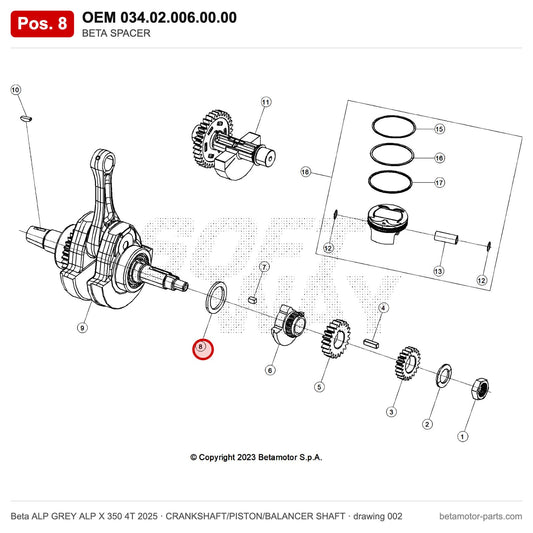 BETA SPACER – OEM 034.02.006.00.00, position 8 on the Beta ALP GREY ALP X 350 4T 2025 crankshaft/piston/balancer shaft drawing