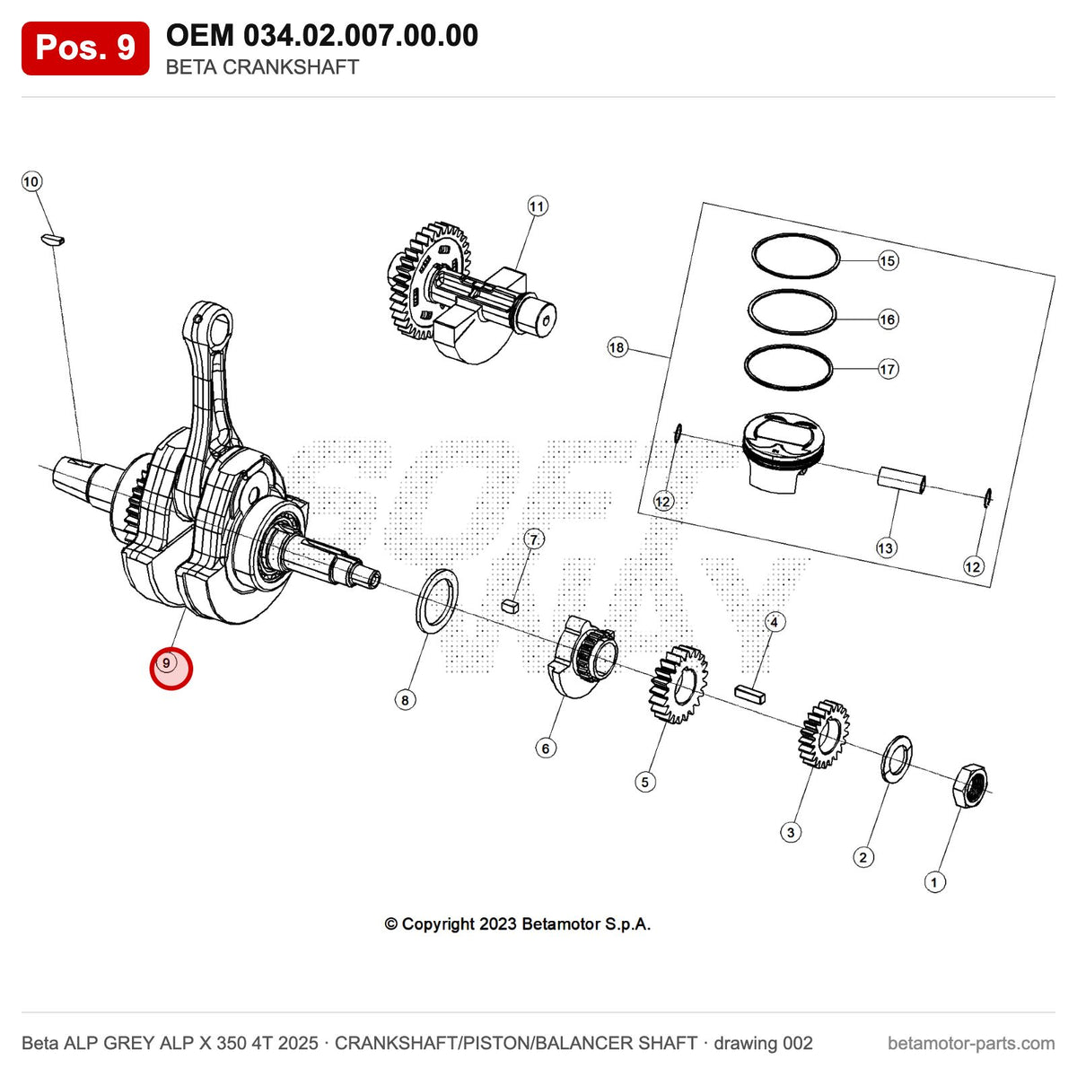 BETA CRANKSHAFT – OEM 034.02.007.00.00, position 9 on the Beta ALP GREY ALP X 350 4T 2025 crankshaft/piston/balancer shaft drawing