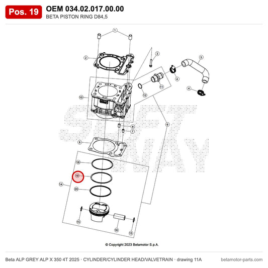 BETA PISTON RING D84,5 – OEM 034.02.017.00.00, position 19 on the Beta ALP GREY ALP X 350 4T 2025 cylinder/cylinder head/valvetrain drawing